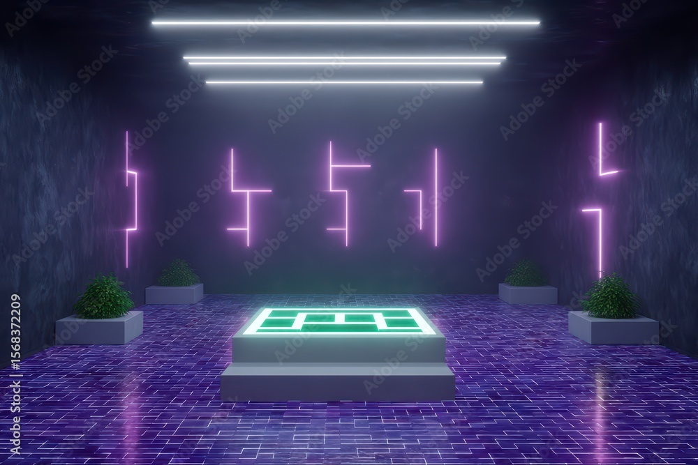 Aufkleber futuristic neon room with abstract light display and minimalist design elements