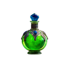 Ornate antique glass potion bottle filled with sparkling green liquid and a blue gem stopper isolated on transparent background