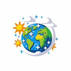 Naklejka premium Earth Illustration with Sun Clouds and Stars- Depicts the Planet in a Whimsical Style- Perfect for Environmental and Educational Projects- Climate Change Awareness Image
