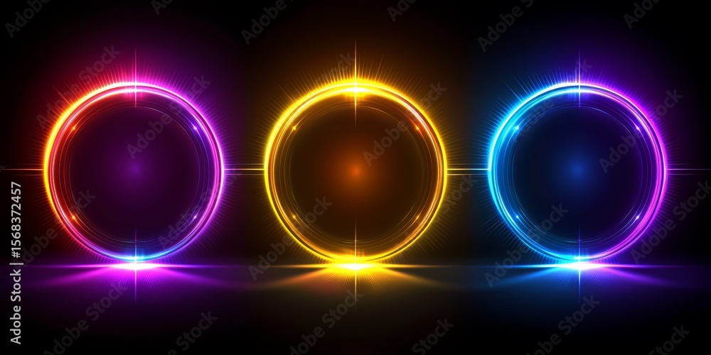 Poster Three glowing circles in different colors. The circles are illuminated and appear to be glowing in the dark