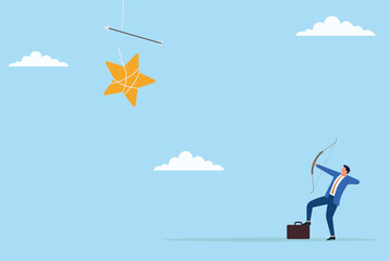 Obraz premium Vector illustration of a businessman shooting arrows at a star sign, representing ambition, vision, and the determined pursuit of excellence, dreams, and ultimate success 