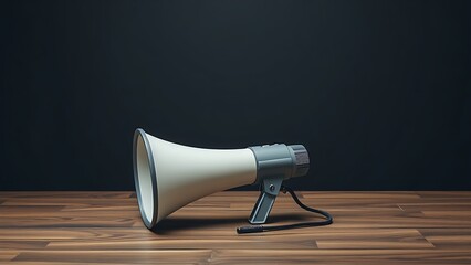 Megaphone placed on a wooden surface against a dark background.