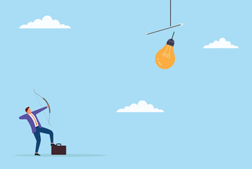 Vector illustration of a businessman shooting arrows at a light bulb, symbolizing the pursuit of innovation, challenging ideas, and aiming for breakthrough solutions
