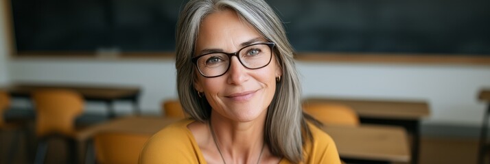 A woman with glasses and a yellow shirt is smiling in front of a blackboard
