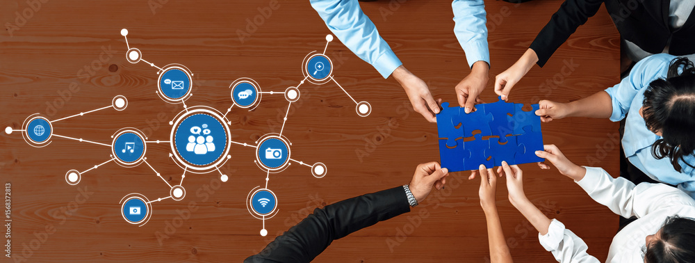 Poster a dynamic team engages in collaborative problem-solving using puzzle pieces and technology icons on 