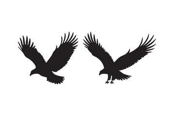 Silhouettes of eagles in flight against a white background