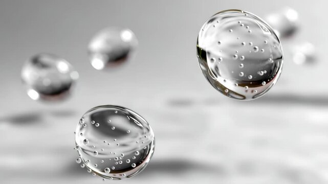 Close up of four clear spheres of water. The spheres are floating in the air, creating a sense of weightlessness and movement