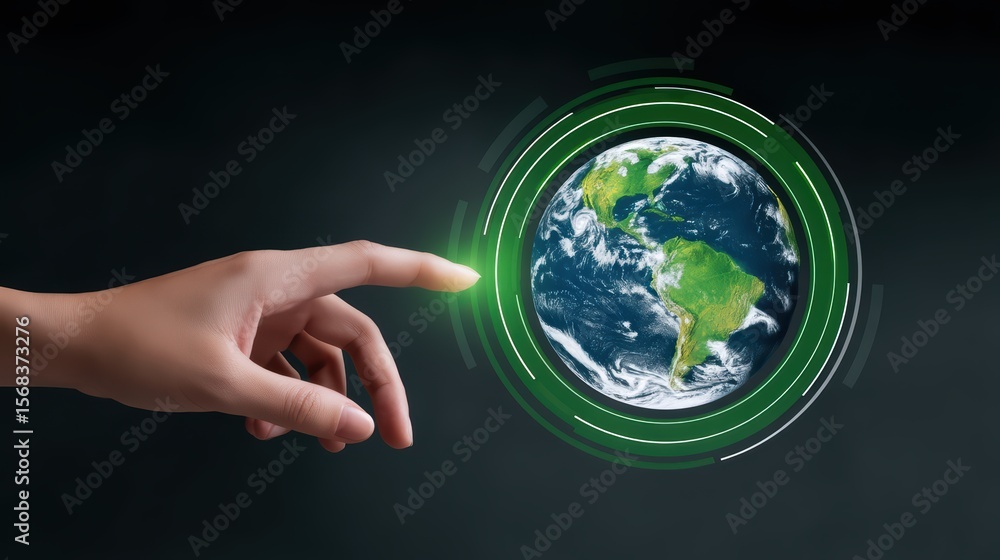 Aufkleber hand reaching out to touch a rotating digital globe with a green glow on a dark background