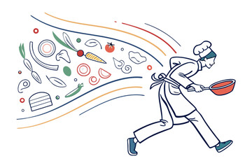 Dynamic Chef's Culinary Dash: A swift-moving chef, brimming with energy, dashes across the culinary landscape. He's trailed by an explosion of vibrant, fresh ingredients.