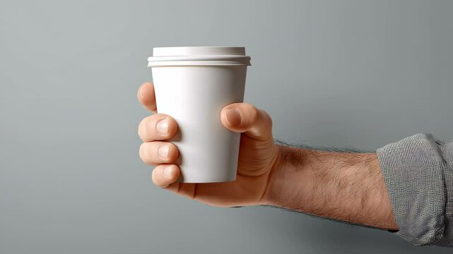 Person is holding a white paper cup. The cup is empty and has a lid on it. The person is holding the cup with their hand, and the cup is positioned in the middle of the image