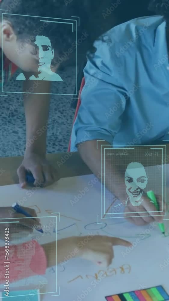 Poster animation of data processing with portraits over diverse colleagues having meeting in office