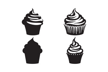 Silhouette cupcakes with swirled frosting on a white background