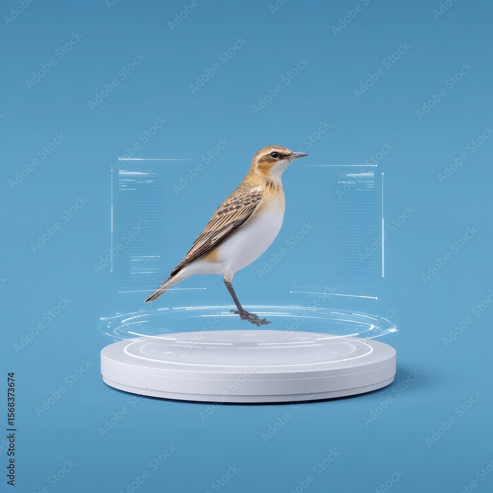 Poster realistic 3d model of a small bird on circular display against blue background