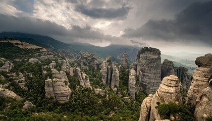 a dense textured landscape reveals rocky formations beneath a cloudy sky