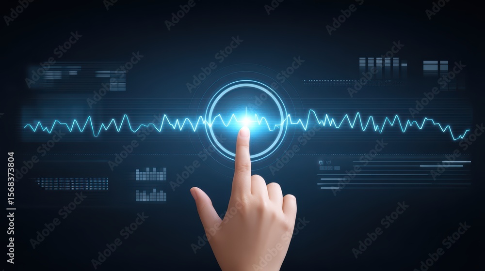 Poster hand touching digital interface with blue heartbeat graph on dark background