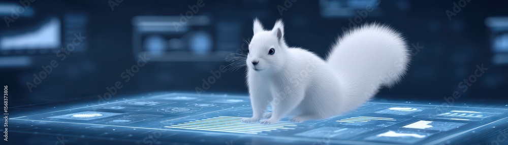 Poster white squirrel on digital interface with graphs and data visualizations in futuristic setting