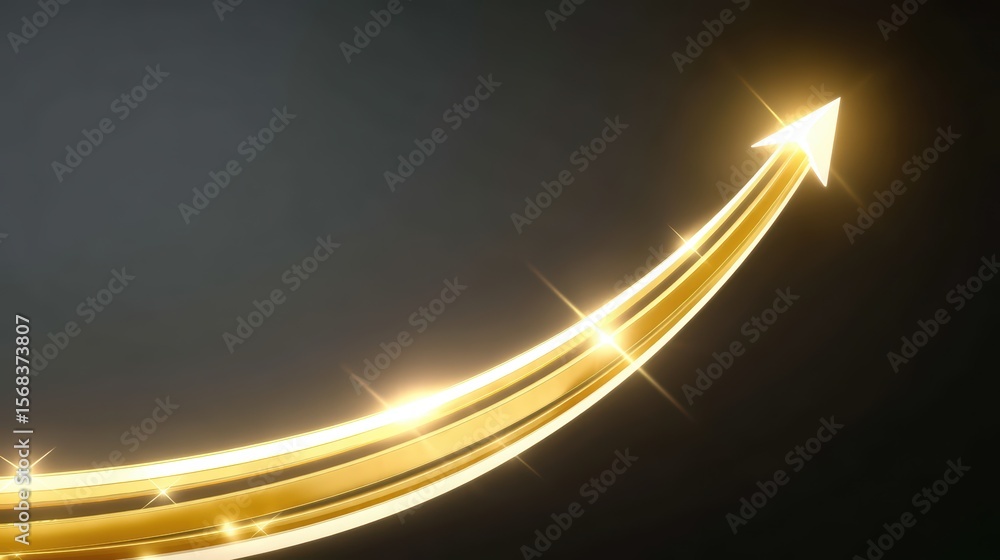 Poster shiny golden curved arrow with sparkles pointing upward on dark background