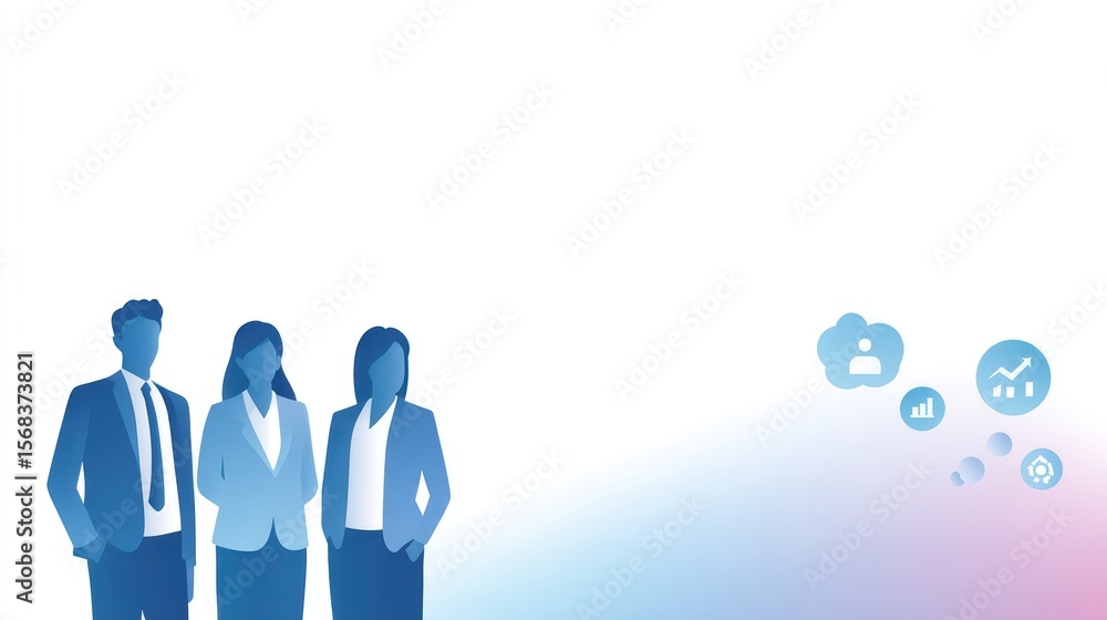 Poster professional business team standing together with graphs and icons representing success and growth i