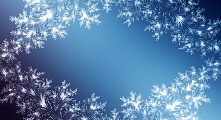 Elegant winter background with a decorative corner frame of glowing ice frost. The beautiful blue gradient offers copy space for Christmas and New Year's holiday greetings and designs.
