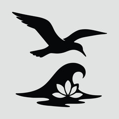 Silhouette seagull flying above lotus flower wave Vector illustration