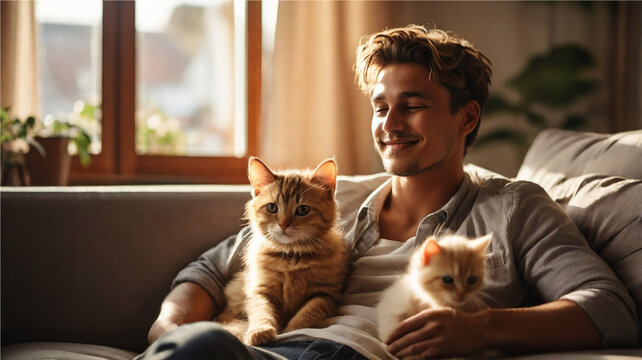 A young man smiling while relaxing at home with two adorable cats on a sofa. Warm domestic atmosphere, natural light, cozy lifestyle with pets.