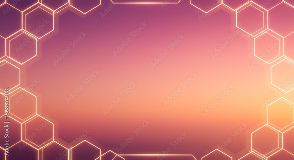 Poster futuristic background with a glowing hexagonal border on a warm gradient. ideal for technology, scie