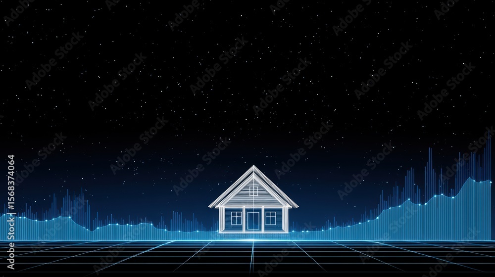 Poster digital concept of house with data visualization in night sky background