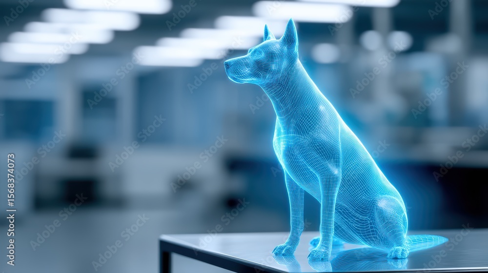 Aufkleber futuristic digital rendering of a blue wireframe dog in a modern tech environment