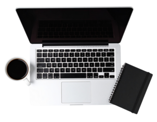 Flatlay Tech Workspace – Laptop, Mug, Notebook – Transparent Background PNG