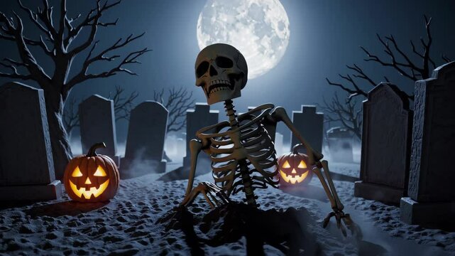 Halloween Day , Skeleton and Pumpkins in graveyard at full moon night , Holiday event halloween banner background concept