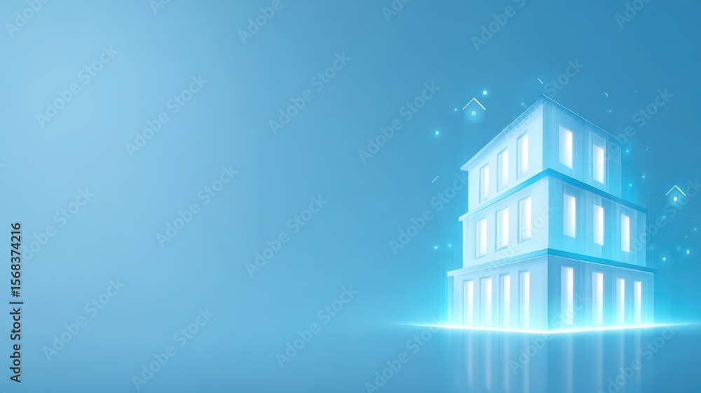 Poster futuristic building design with neon glow in a minimalist blue environment for modern architecture c