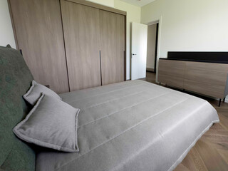 Modern luxury bedroom interior in minimal scandinavian style, 3d render