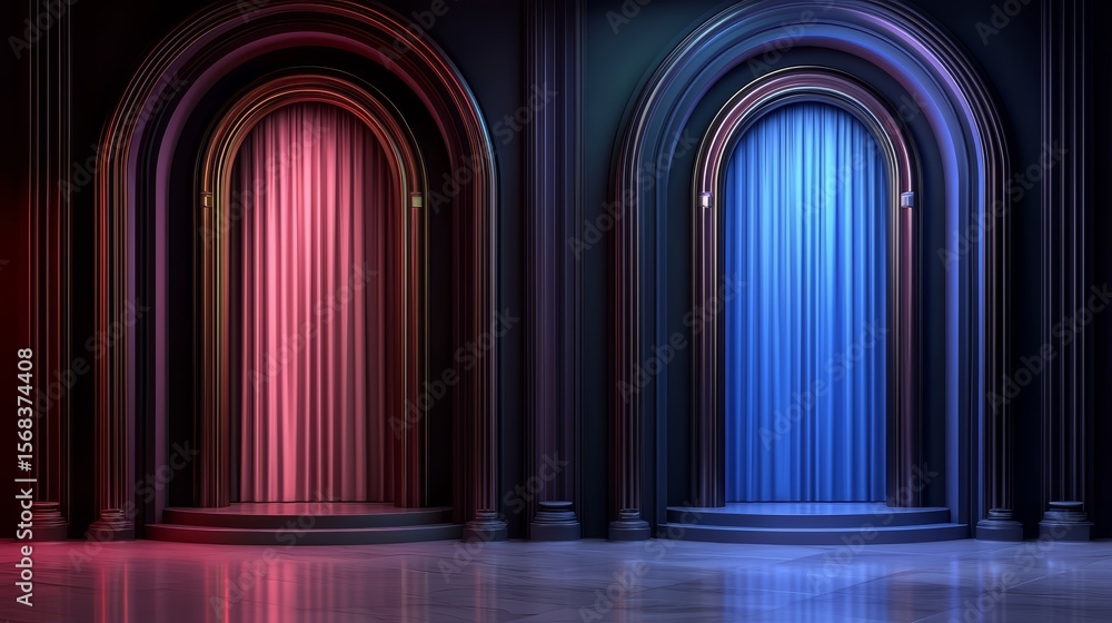 Poster two archways with blue and red curtains. the blue curtain is on the left and the red curtain is on t