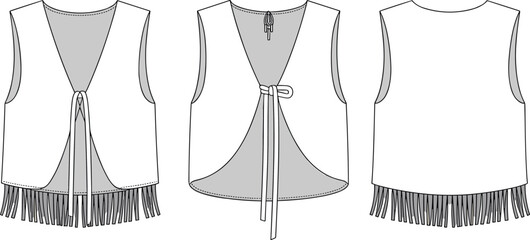 Fringe vest fashion sketch, sleeveless vest vector, open front vest, technical flat vest, fringe hem vest, fashion flat, western style vest