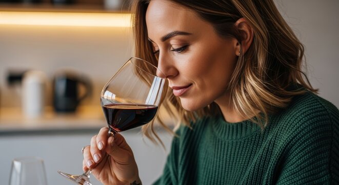 Elegant female wine lover savoring red wine aroma. Close-up portrait of woman in knitted sweater holding wine glass in modern kitchen setting.