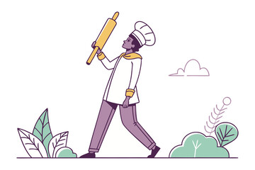Chef strides with rolling pin: A chef strides confidently through a whimsical, light-hearted scene, proudly holding a rolling pin.