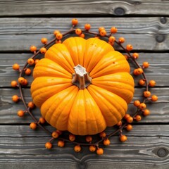 Vibrant Pumpkin Surrounded by Autumn Berries on Wooden Background