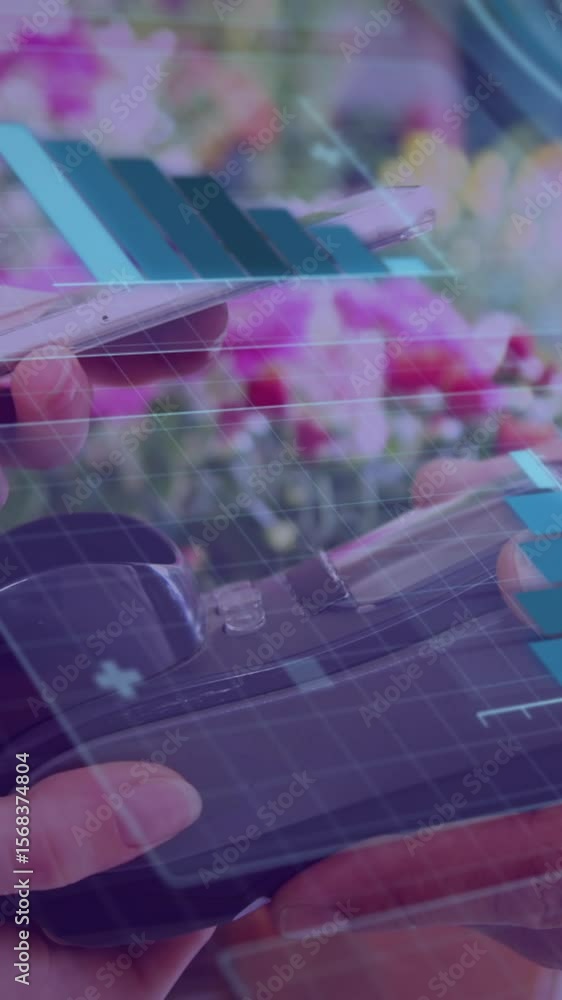 Poster animation of financial data processing over people using payment terminal