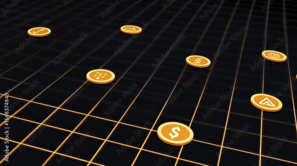 Poster abstract digital grid with illuminated icons representing finance, technology, and communication con