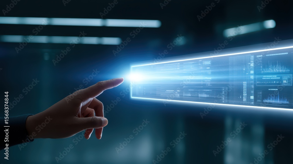 Poster futuristic hand touching holographic interface with data graphics in modern digital environment