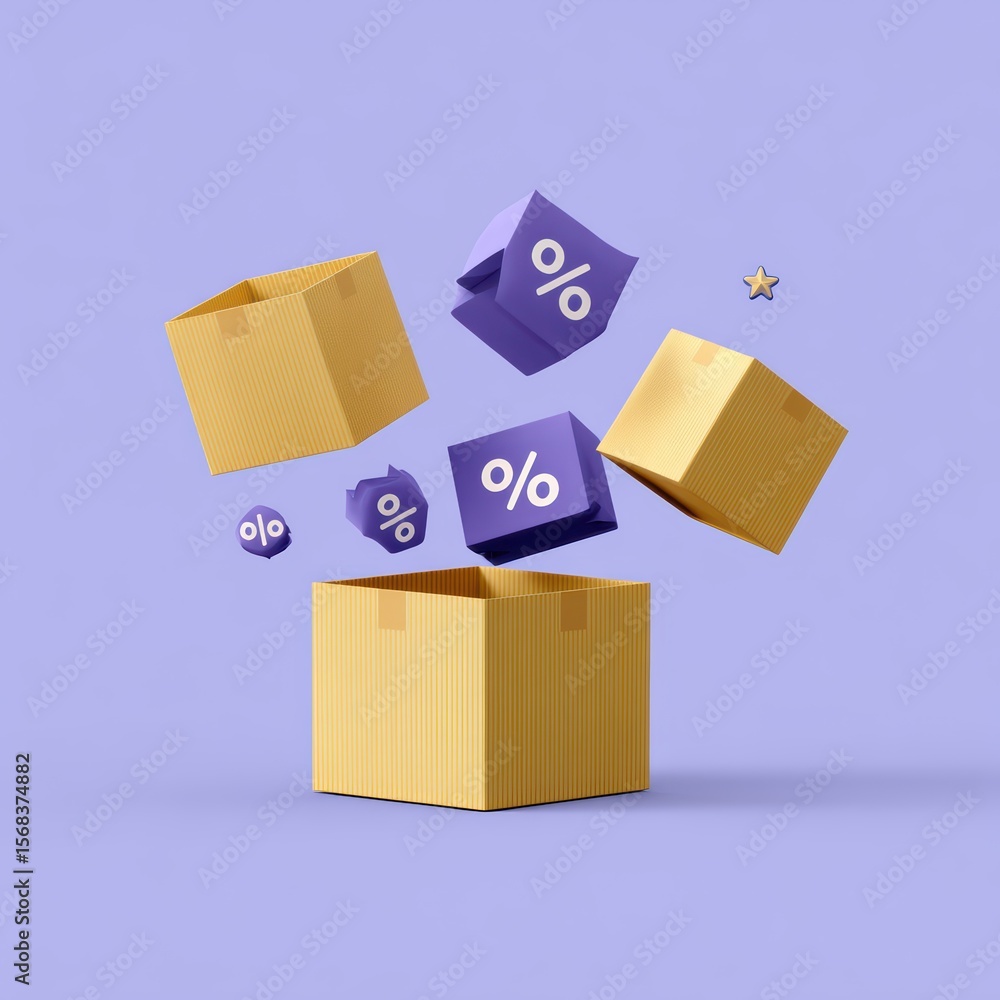 Poster colorful 3d boxes with percentage symbols floating above a box on a soft purple background represent