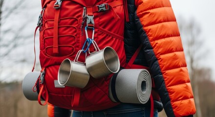 Close-up of hiking equipment attached to backpack - sleeping mat, stainless steel camping cookware and thermal bottle for mountain trekking.