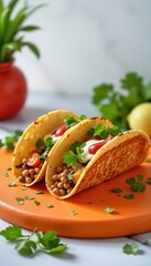 Fresh Tacos with Lentils and Vegetables on Bright Orange Plate