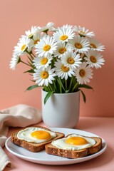 Delicious Breakfast with Eggs on Toast and Fresh Flowers Display