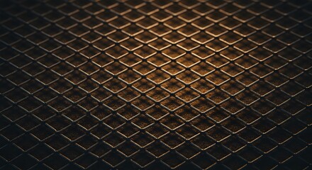 Intricate Metal Mesh: An evocative close-up of a detailed metal mesh, its geometric precision and textured surface. bathed in warm, natural light creating an intriguing play of shadow and light.