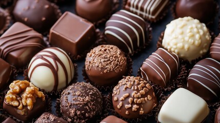 An assortment of fine chocolates. Truffles and pralines are covered in dark, milk, and white chocolate, adorned with toppings such as chopped nuts, chocolate shavings, and decorative drizzles.