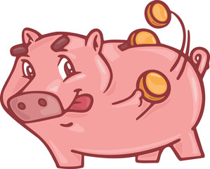 PIG BANK MASCOT ILLUSTRATION WITH COINS FLYING INSIDE IT