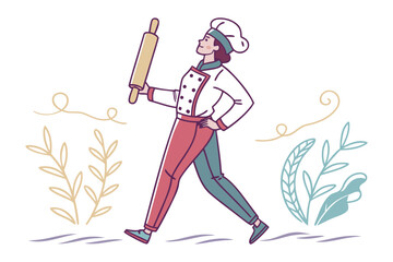 Confident Chef Walking: A stylish female chef strides confidently, rolling pin in hand, showcasing culinary expertise and passion.  