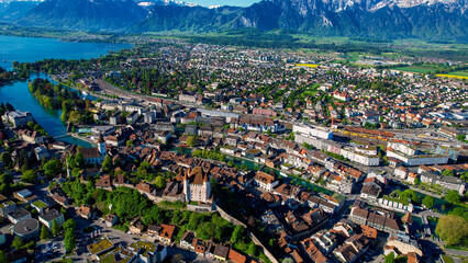 An Panoramic aerial of the old town of the city Thun in Switzerland on a sunny morning in summer