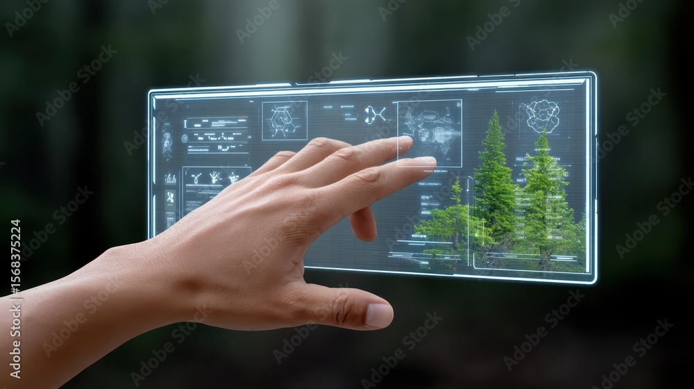 Poster futuristic hand interaction with digital interface for environmental conservation in forest setting